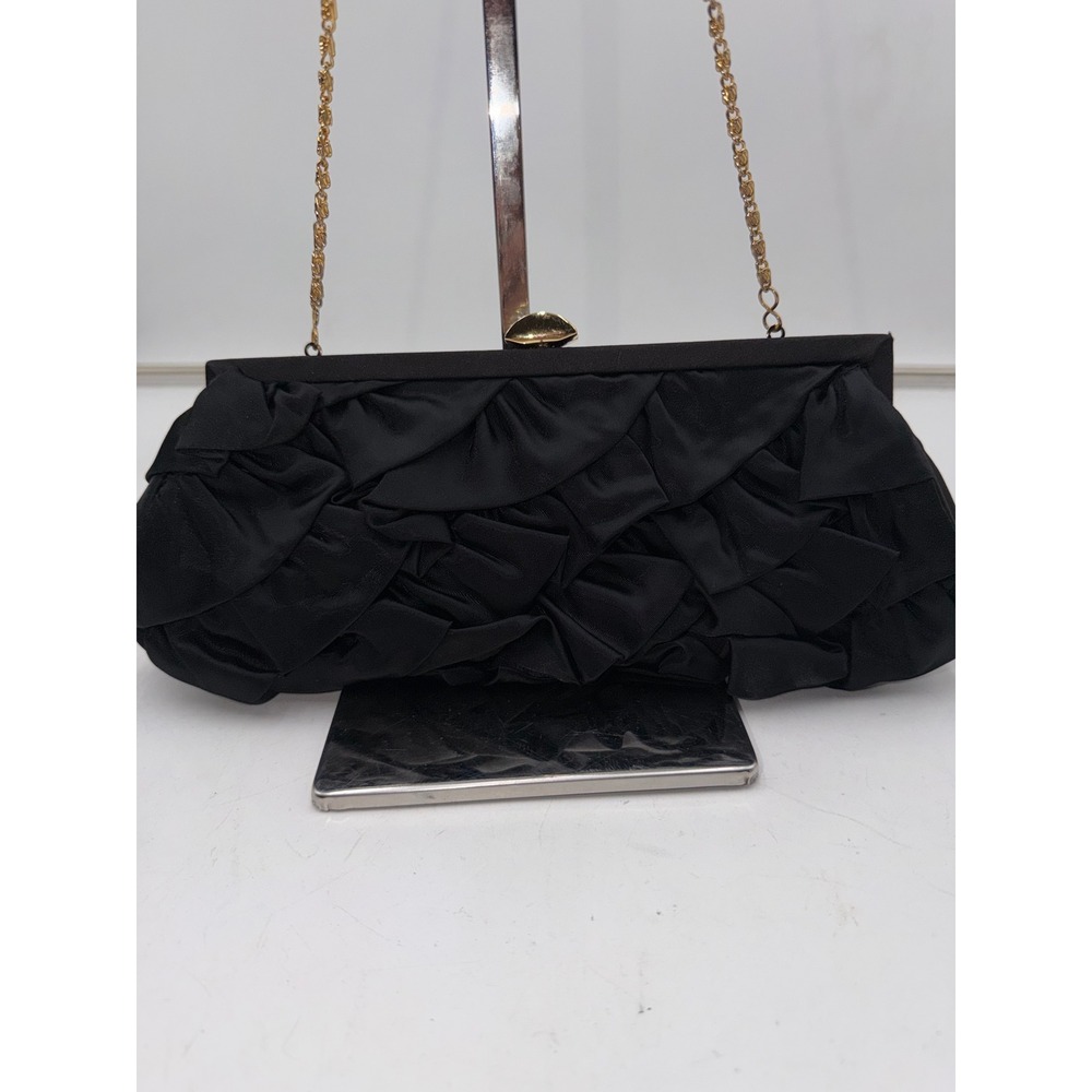 Lord & Taylor Black Satin Ruffle Evening Clutch Rhinestone Clasp Gold Chain Bag
